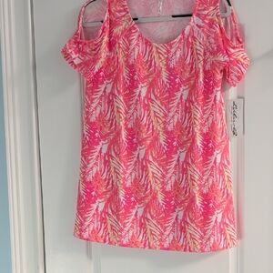 Lulu-B Vibrant Pink and White Leaf Print Blouse